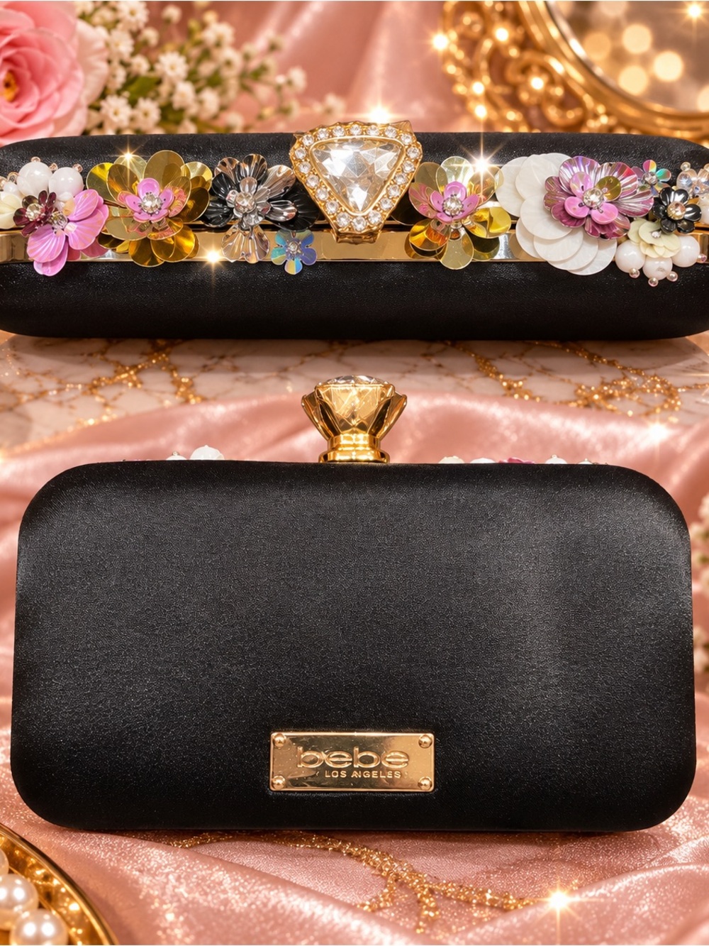 Bebe Beaded Embellished Clutch Bag Black & Multicolor Floral Design - Picture 2 of 4